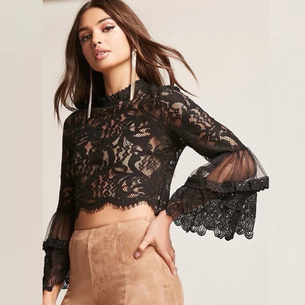 Forever 21 Black Lace Bell Sleeve Blouse Crop Top